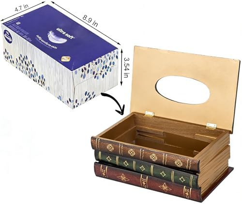 Crafted Classical Retro Wooden Antique Book Tissue Box Cover Rectangular Tissue Holder Dispenser Paper Cover Case Napkin Holder Home Decor for Bathroom Living Room Office car Kitchen