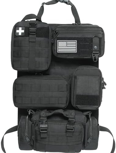 6 Pack Tactical Molle Car Seat Back Organizer,Backseat Organizer for Man | Tactical Vehicle Panel Organizer with 5 Detachable Molle Pouch,US Flag Patch and Keychain,Great Trunk Accessories