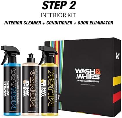 WASH&WHIPS CLEAN - Interior Car Wash Kit (Step 2) – Monaco Interior Cleaner, Musk Odor Eliminator, Monza Leather Conditioner – All-Purpose, Safe for All Surfaces, Effective for a Luxurious Finish