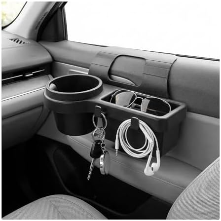 Car Window Multifunctional Storage Organizer, Auto Door Side Hanging Organizer w/Cup Holder & Hooks, Vehicle Window Mount Storage Rack w/Foam Pads for Cell Phone Key Bottle