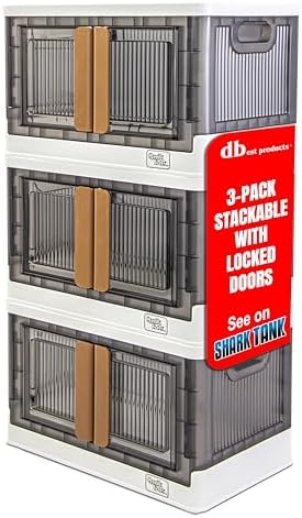 dbest products Quik Box - 8.5 Gallon 3-Pack Stackable Storage Bins with Doors & Wheels - Collapsible Organizer for Dorms, Bedroom & Home - Durable Polystyrene - White