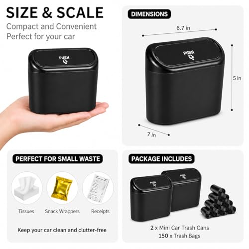 Mini Car Trash Can – Leakproof Vehicle Garbage Bin, 2-Pack with 150 Trash Bags, Portable Hanging Car Organizer for SUV & Sedan