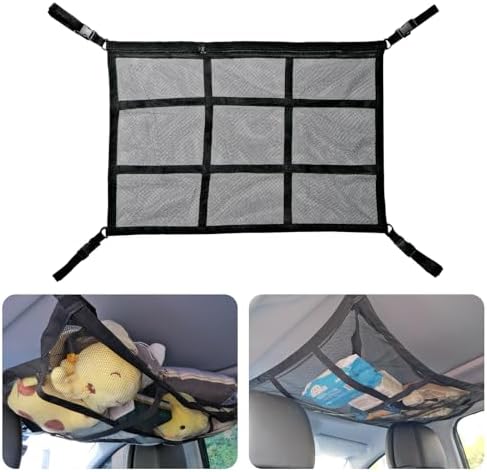 Car Ceiling Cargo Net Pocket, 31"x21" Nine Grid Mesh Nine SUV Roof Organizer Long Trip Storage Bag,Tent Putting Quilt Children's Toy Towel Sundries Interior Accessories