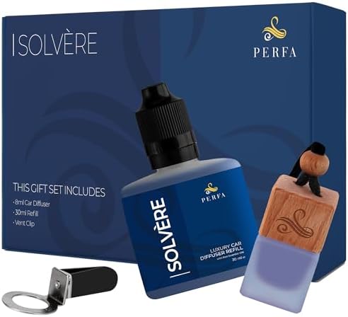 Solvère Gift Set with Refill Bottle | Automotive Air Fresheners with Solvère Fragrance | Strong Car Perfume | Odor Eliminating Car Air Fresheners by Perfa
