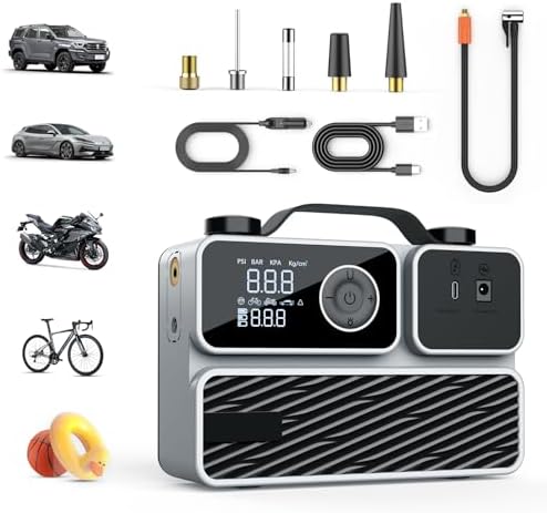 Tire Inflator Portable Air Compressor, Air Pump for Car Tires 150PSI Cordless Rechargeable Battery and 12V DC, Electric Bike Pump with Pressure Gauge, Auto Shutoff, for Ball, Motorcycle