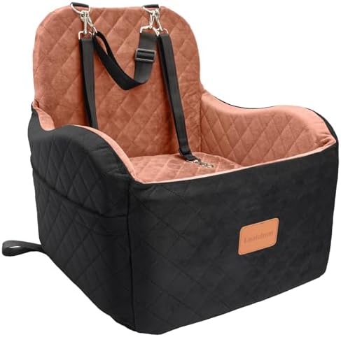 Lealchum Dog Booster Car Seat for S/M Dogs Up to 35lbs,Soft 6in Elevated Cushion,Fits in Front/Back Seat,Fully Detachable and Washable,2 Storage Pockets & 3 Straps,Easy to Install (Black/Brown,Medium)
