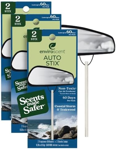 Enviroscent Non-Toxic* Car Air Freshener Auto Stix® - Scents Made Safer - Enjoy Fragrance Lasts Up to 180 Days - Includes Auto Stix® Diffusers & Elastic Loops - Coastal Storm & Teakwood (Pack of 3)