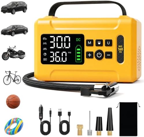 Tire Inflator Portable Air Compressor 160 PSI Air Pump for Cars 8000 mAh & 12V DC Dual Powered Fast 30L/min, Digital Tire Pressure Gauge, LED Lights, 5 Modes Presetting, Auto Shut-off