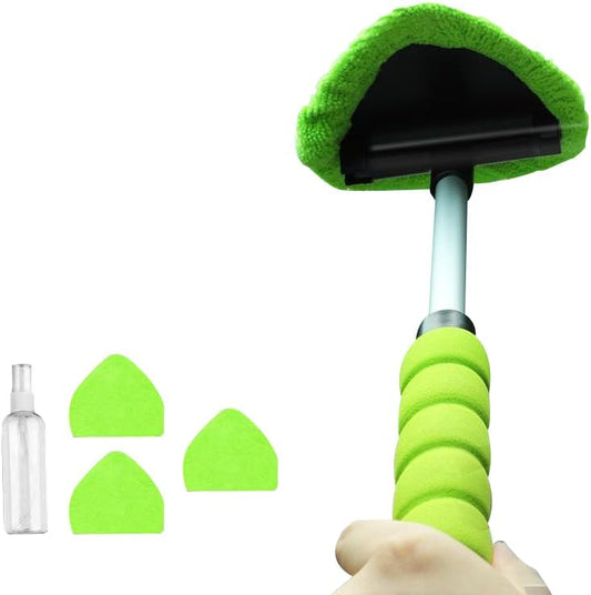 Windshield Cleaning Tool, Microfiber Car Window Cleaner with 3 Reusable and Washable Microfiber Pads and Extendable Handle (Green)