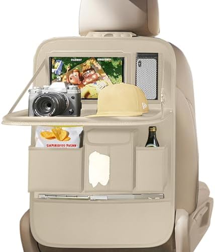 XDV Car Seat Organizers,Multi-functional Back Seat Protectors, Storage Pouches, and Tray Holders (for Cars, Kids, Seat Back and Rear Seats) (Plain Beige, 1 Pcs)