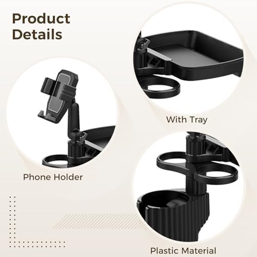 6-in-1 Car Cup Holder Expander with Tray & Phone Mount, Car Food Tray with 360° Rotation Adjustable Base, Car Cup Holder, Ideal for Drinks, Snacks, Foods
