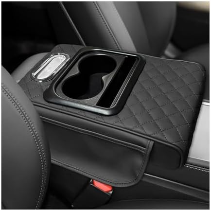 Car Center Console Armrest Pillow, Leather Car Armrest Cushion with Cup Holder & Phone Holder, Universal Armrest Storage Box Protector for Most Vehicles, Car Accessories (Black, Embroidered)