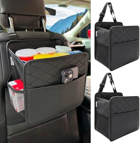 Witaxima 2 Pack Upgraded Car Seat Organizer Backseat with Storage Pockets, Multipurpose Car Organizer Hanging Car Trash Bag Premium PU Leather Garbage Can 2.14 Gallon Large Capacity Accessories Black