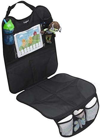 Lulyboo Car Seat Protector & Organizer for Baby & Toddler - Back Seat Storage, Kick Mat with Tablet Holder, Toys & Essentials, Fits All Vehicles, Durable Nylon, Black