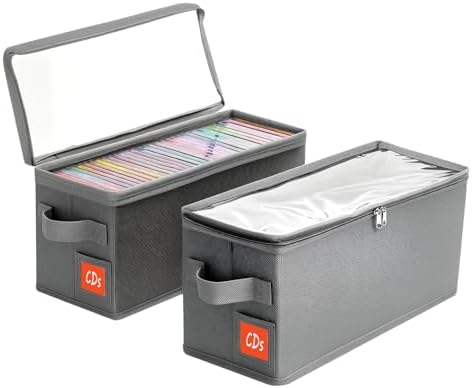 Stackable CD Holder & Storage Case - CD Storage Box Organizer with Lid & Handle - Dustproof CD Container with Clear PVC Top - 2Pack (Gray)
