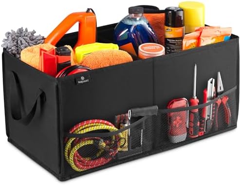 Handy Laundry Car Trunk Organizer – Large 2 Compartment Storage Bin with Non-Slip Fastener, Mesh Side Pockets & Heavy-Duty Handles, 22 x 10 x 11 in, Black – Prevents Shifting & Rolling
