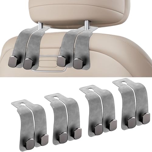Headrest Hooks - Car Seat Back Double Hook Leather, Purses Hooks (4-Grey)