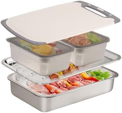 Grill Prep Trays Set Of 5,BBQ Tray,Grilling Prep And Serve Trays,Stainless Steel Food Prep Tray,Grill Carry System,Marinade Container with Lid and Cutting Board,BBQ Grill Accessories,Grilling Gifts