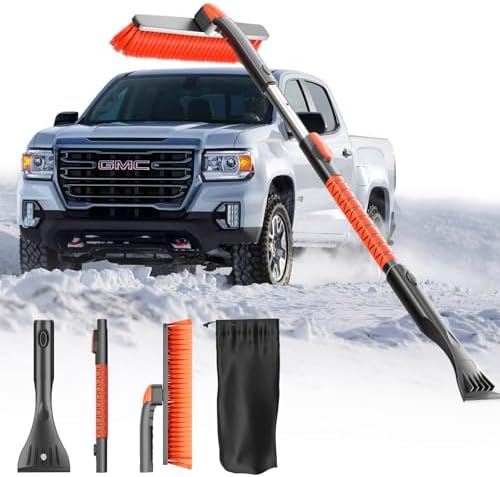 DooGooCoo [Upgrade] Ice Scraper &amp; Extendable Snow Brush for Car Windshield [Military-Grade Sturdy] - 360° Pivoting Brush Head with Silicone Grip for Effortless One-Swipe Clean on Auto (Large)