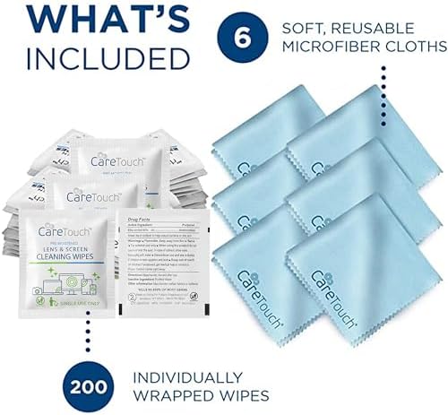 Care Touch Lens Cleaning Wipes with Microfiber Cloths - 200 Lens Wipes for Eyeglasses & 6 Microfiber Cloths - Glasses, Camera Lenses, Screens, Eye Glasses Cleaner for Cleaning Eyeglasses