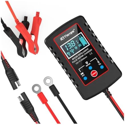 zipelo Car Battery Charger, 6V 12V Automatic Smart Trickle Battery Charger, Intelligent Pulse Repair Charger with ASE Adapter Cable, Battery Desulfator for Motorcycle Lawn Mower Marine