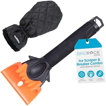 BIRDROCK HOME Ice Scraper & Breaker Combo for Car Windshield & Windows, Water Resistant, Padded Glove, Non-Scratch 4" Blade, ABS Plastic, Ice Remover, Warm & Cozy Waterproof Glove - 1 Pack