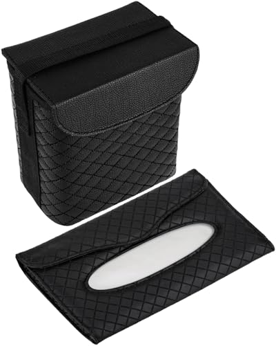 BELINOUS Leather Car Trash Can with Matching Tissue Holder | Waterproof and Leakproof, Mini Car Trash Can with Lid, Adjustable Strap, Small Garbage Bin