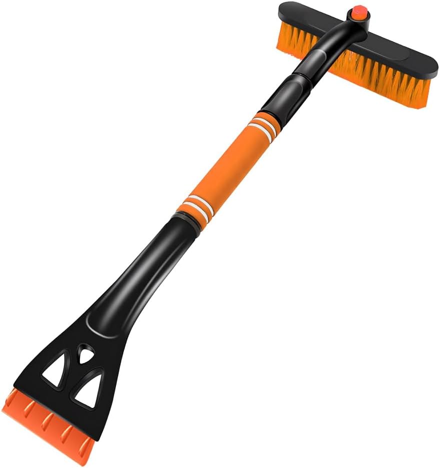 Ohleats 31.5" Ice Scraper and Extendable Snow Brush, 360° Pivoting Snow Brush Head with Foam Grip, Detachable Ice Scraper with Soft Bristle Head for Car Truck SUV Window Windshield (Orange)