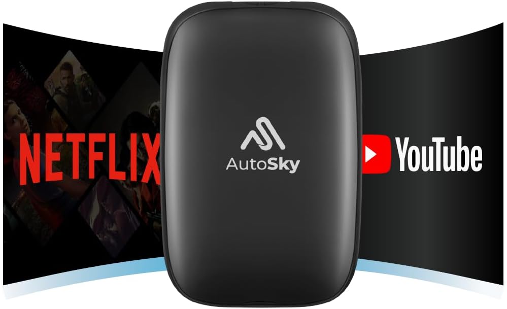 AutoSky AI Box Lite – Wireless CarPlay & Android Auto Adapter, Plug-and-Play, Fast Connection, Stable Performance, Stream Netflix & YouTube via Hotspot, Works with OEM Touchscreen