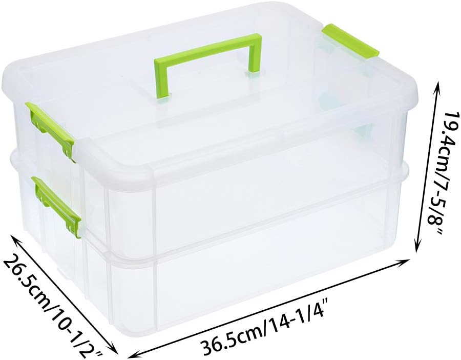 BTSKY 2 Layer Stack & Carry Box, Plastic Multipurpose Portable Storage Container Box Handled Organizer Storage Box for Organizing Stationery, Sewing, Art Craft, Jewelry and Beauty Supplies Green