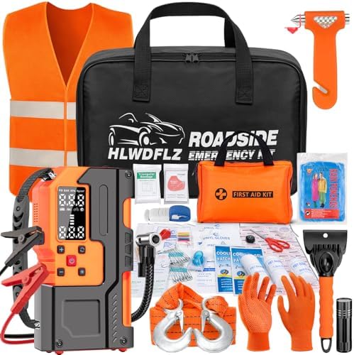 Car Roadside Emergency Kit, Jump Starter with Air Compressor, First Aid Kit, Tow Rope, Roadside Safety Emergency Tool Kit for Women, Men, Teen (Orange)