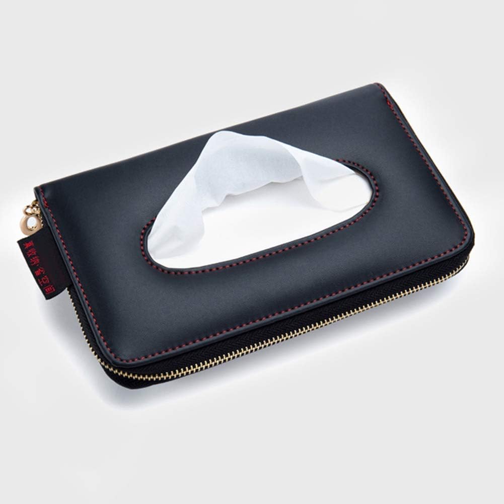 Car Tissue Holder - Sun Visor Napkin Holder, PU Leather Backseat Tissue Case with Zipper (Black)