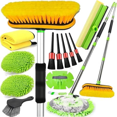 62'' Car Wash Brush with Long Handle, Car Wash Kit with Tire Brush, Tower, Window Squeegee, Chenille Microfiber,Car Detailing Brushes, Car Cleaning Brush Kit Supplies for Car, Truck, SUV, RV