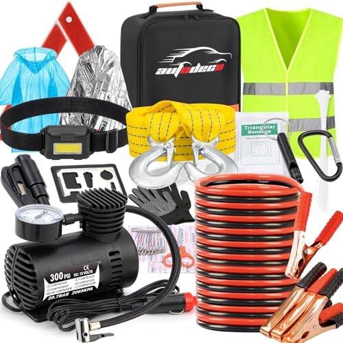 Car Roadside Emergency Kit, Car Safety Kit Portable Vehicle Kits for Emergency with Jumper Cables, Tow Straps, Safety Hammer, Black