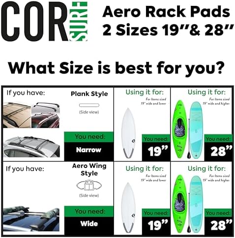 COR Surf Aero Car Roof Rack Pads for Surfboard, Kayak, SUP, Snowboard, Surfboard, Paddleboard and Canoe for Large and Flat Style Aero Bars