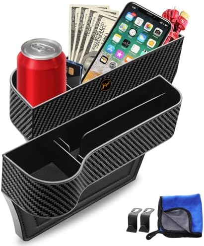 Car Seat Gap Filler, 2 Pack Car Seat Gap Filler Organizer with Cup Holders & 2 Seat Hooks, Car Console Storage Organizer, Car Organizer Front Seat for Storing Phones, Keys, Drinks, Sunglasses