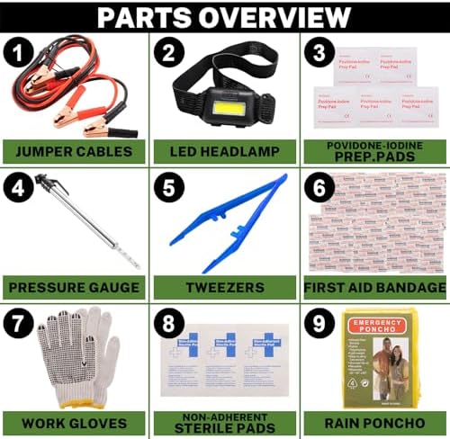 Car Emergency Kit with Battery Jumper Cables,Car Accessories for Men or Women,Emergency Car Kit,Roadside Automotive Safety Kit for Car,Vehicle,Truck or SUV,Gifts for Men or Him,Black