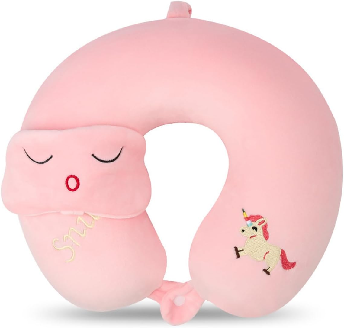 Kids Neck Pillow for Travel with Sleep Eye Mask, Cute Travel Neck Pillow, Memory Foam Flight Sleeping Headrest Pillow for Boys & Girls, Airplane, Train, Car, Home Use - Green Dinosaur