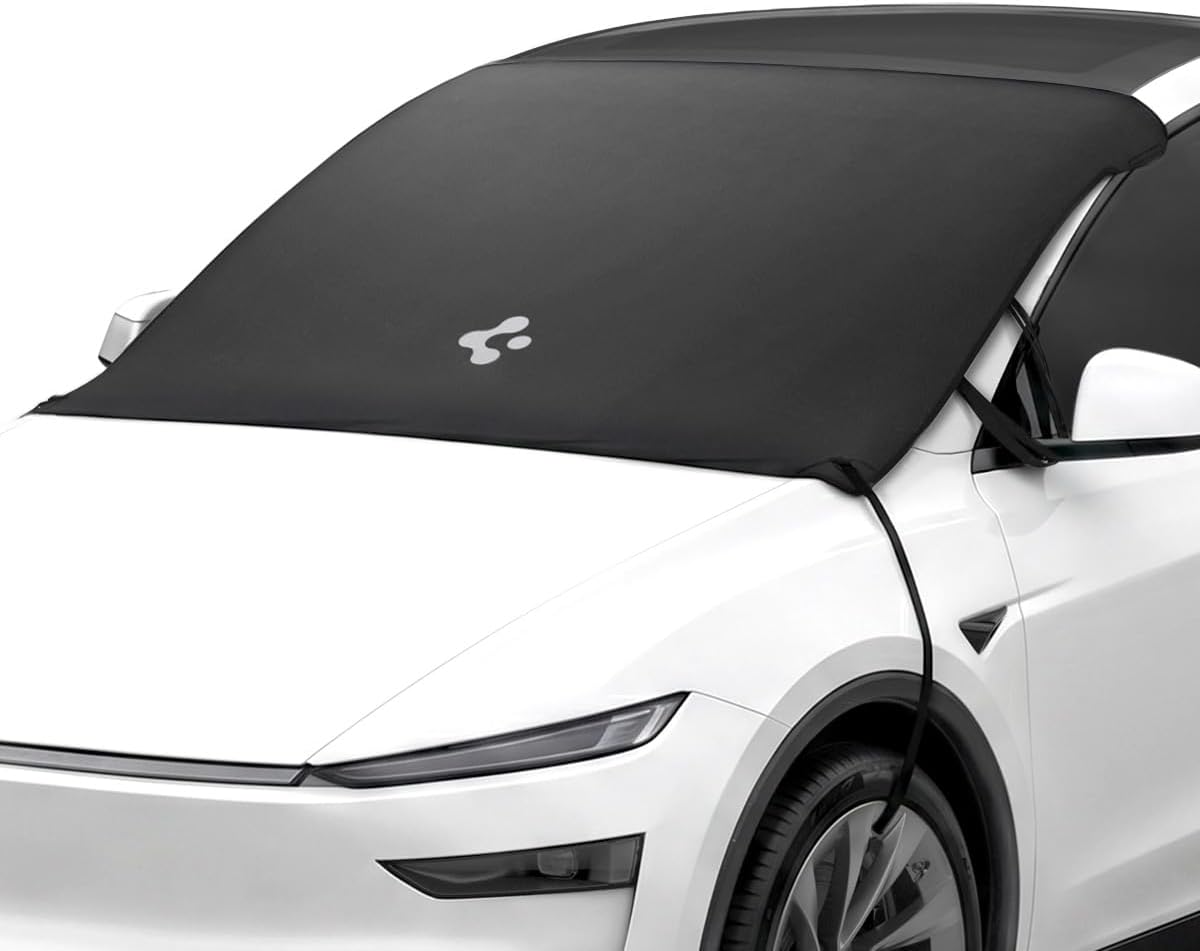Spigen Magnetic Windshield Protector Cover for Cars – Shields Leaves, Pollen, Sap with Full Windshield Coverage, Waterproof Foldable Summer Sun Visor, Fits Tesla Model Y Juniper & 3 Highland