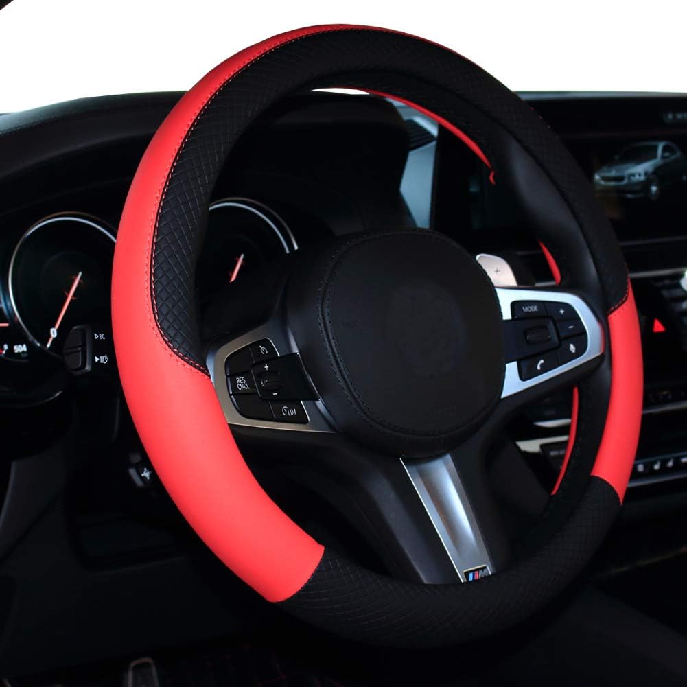 SHIAWASENA Car Steering Wheel Cover, Leather, Universal 15 Inch Fit, Anti-Slip & Odor-Free (Black&Brown)
