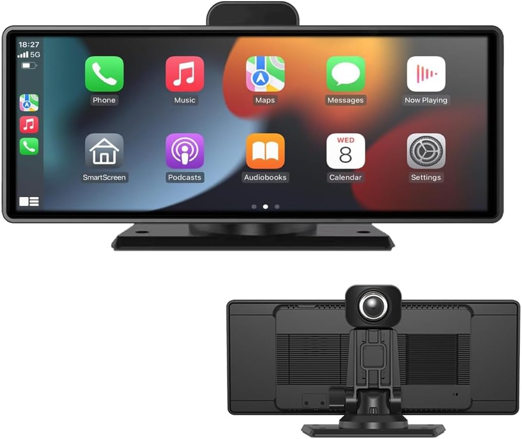 Portable Carplay Screen for Car, Carplay Android Auto 10" Touch Screen with 2K Dash Cam and Backup Camera, Car Stereo with Loop Recording, Bluetooth, Mirror Link, FM Transmitter