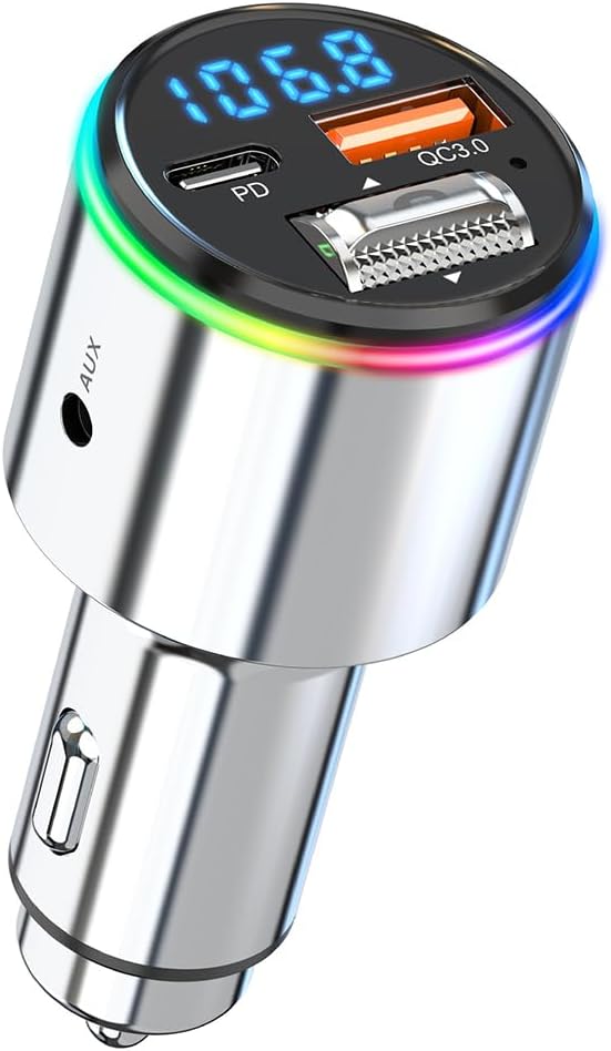Upgraded V5.3 FM Bluetooth Transmitter Car, Full Metal Bluetooth Car Adapter, Hi-Fi Bass Sound, PD 30W & QC 18W, Handsfree Calls, 7 LED Colors, AUX Output