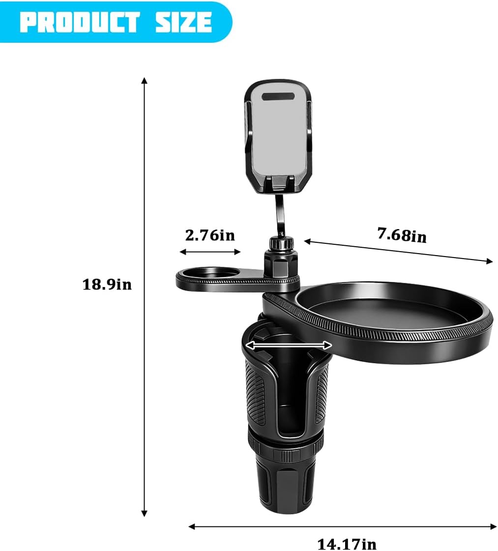 Car Cup Holder Tray, 4-in-1 Vehicle Drink Holder Expander Adapter with Phone Holder & Food Tray Table, Auto Center Console Cupholder Eating Table Organizer for Road Trip, Universal Fit (Gray)