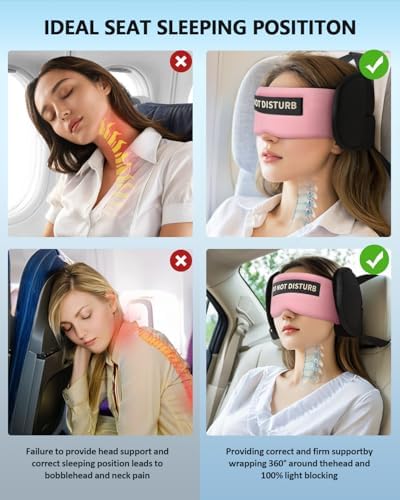 Travel Pillows for Airplanes, Airplane Pillow for Long Flights Sleeping with Eye Mask, 360° Support Plane Head Strap Travel Essentials for Air Travel Sleep Neck Upright, Stop Head Nodding(Pink)