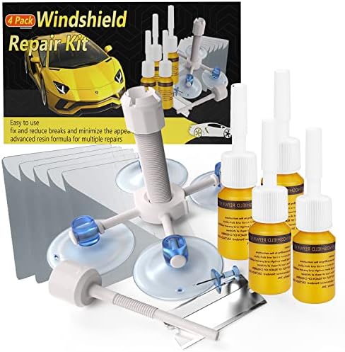 CLAMPER Windshield Crack Repair Kit, Windshield Repair Kit for Chips and Cracks, 4 Pcs Car Glass Repair Kit, Cracks Gone Glass Repair Kit Automotive Quick Fix for Chips, Cracks, Bullseyes (Yellow)