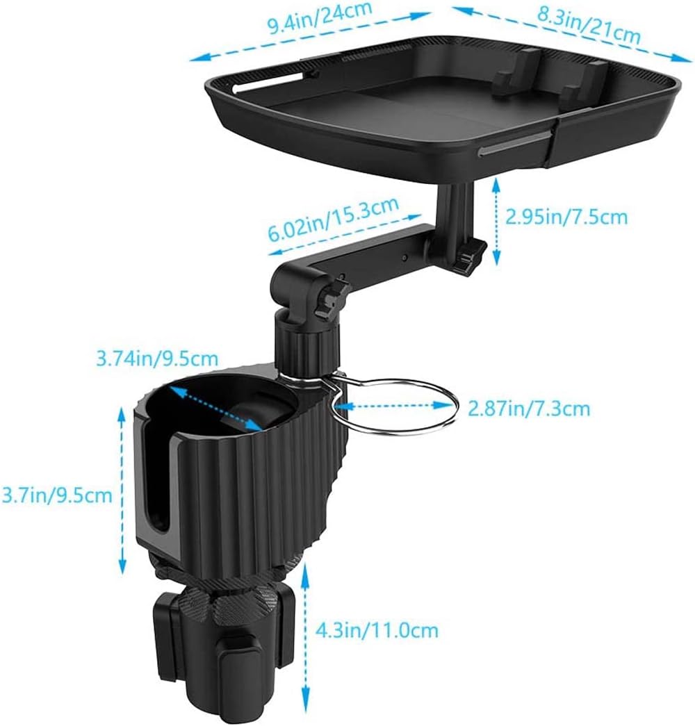 4-in-1 Car Cup Holder Expander Tray,Detachable Car Food Tray Retractable with Dual Cup Holder, Phone Holder, 360°Rotation Adjustable Base, Road Trip Essentials Car Accessories (A01)