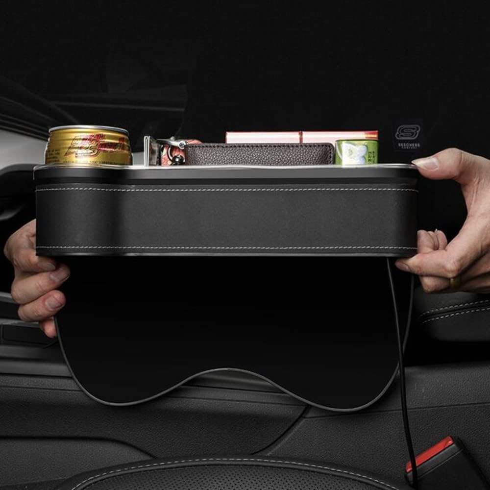 Tumecos Car Seat Gap Organizer with Light Multifunctional,with Small Cup Holder, Storage Box Car Seat Organizer, Car Seat Gap Filler with 2 USB Super Fast Charge Ports(Beige, Driver’s Side)