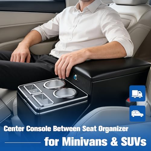 Center Console Organizer for Minivans, SUVs &amp; Middle Van Seats - Floor-Mounted Lockable Storage Box with Dual Cup Holders, Ideal for Vehicle Interior