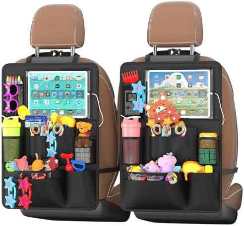 Backseat Car Organizer with Touch Screen,Kick Mats Back Seat Protector with 10 Storage Pockets,Car Seat Back Organizers Storage for Snacks Drinks Toy Umbrellas for Kids Road Trip