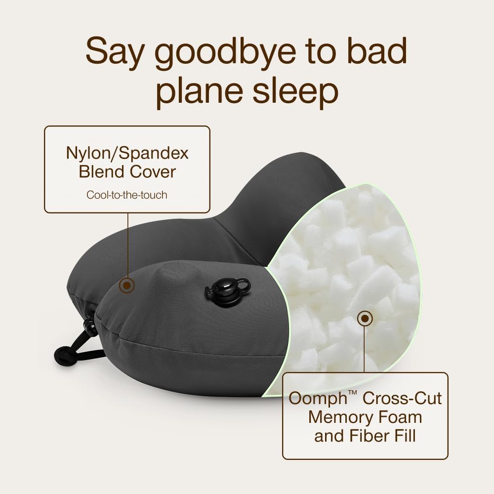 Coop Home Goods AirJustable Travel Neck Pillow, Inflatable, Adjustable Support for Neck & Chin, Compact, Soft Memory Foam Comfort, Airplane Travel Essentials, Cooling & Washable Cover